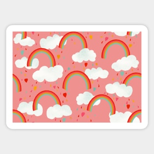 Clouds, rainbows and love hearts on a rose pink background Sticker